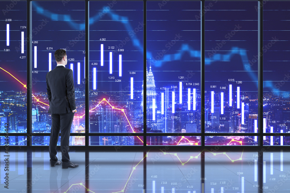 Poster analyzing crisis concept with businessman looking at digital screen with falling down financial char