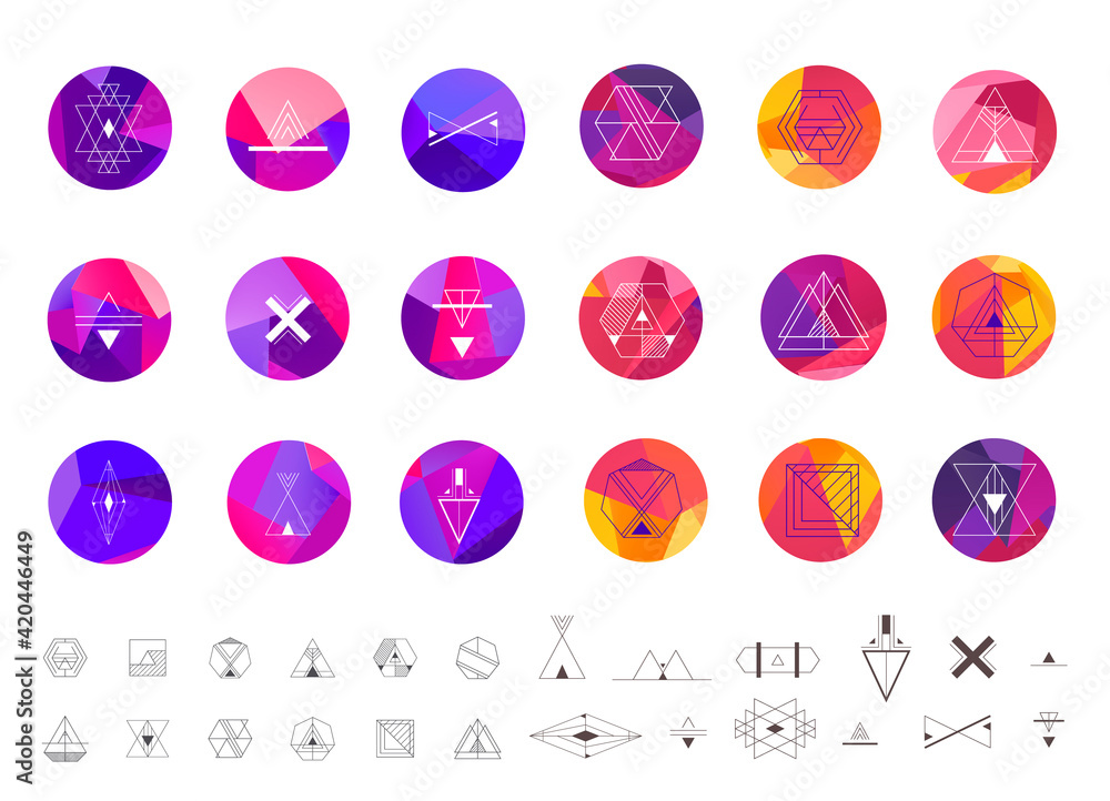 Poster vector set of abstract sacred geometry symbol vector elements template, logos on facet circle backgr