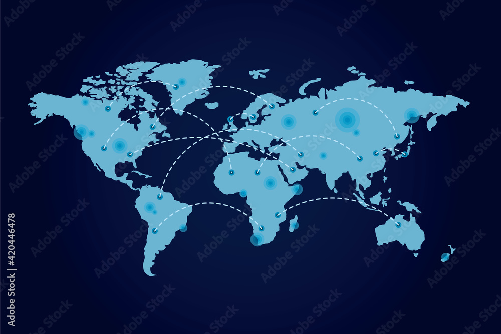 Poster social network connections concept with blue countries map and dotted lines on dark background