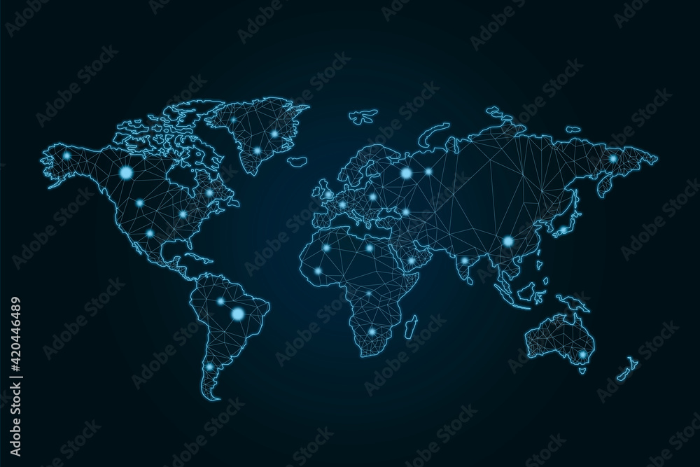 Poster Social network connection concept with glowing contour lines countries and dots on dark background
