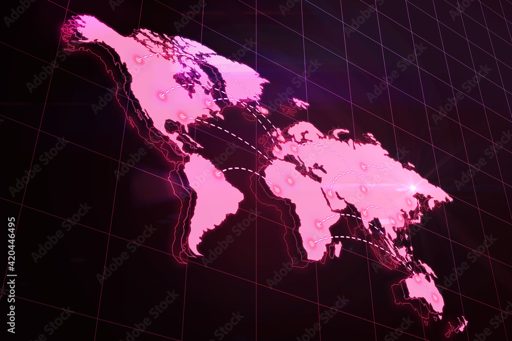 Poster social network communication concept with 3d world map with pink color countries and dotted lines be