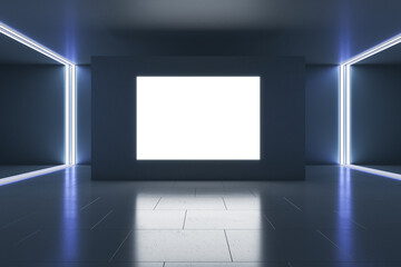 Blank white glowing screen on black wall in empty exhibition hall with dark floor and led lights. Mockup