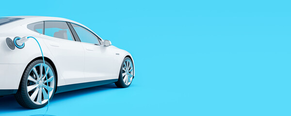 White electric car connected to charger on blue background 3D Rendering, 3D Illustration - 420446467
