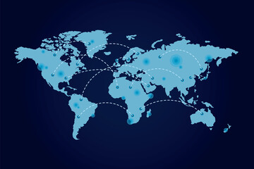 Fototapeta na wymiar Social network connections concept with blue countries map and dotted lines on dark background