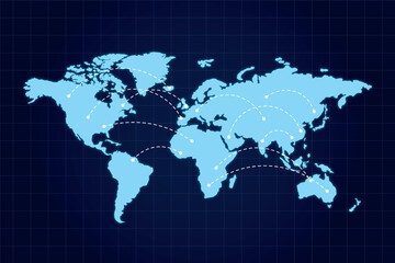 Fototapeta na wymiar Data exchange concept with blue world map and dotted lines between countries on dark squared background