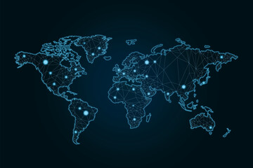Social network connection concept with glowing contour lines countries and dots on dark background