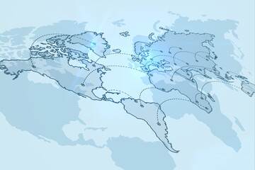Worldwide network connection concept with two layers of countries outlined by blue lines connected by dotted lines