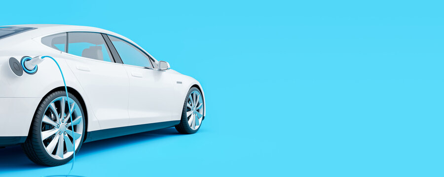 White electric car connected to charger on blue background 3D Rendering, 3D Illustration