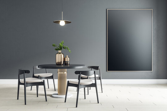 Black empty poster on black wall in modern dining room with round table and black wooden chairs on ceramic tiles floor. Mockup
