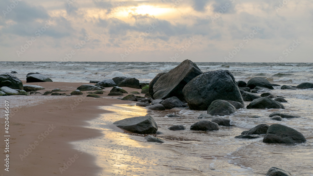 Wall mural landscape with sea shore, rocks in water and sand, december, vidzeme rocky seashore, latvia