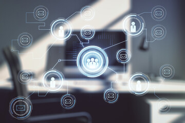Social network concept and modern desktop with computer on background. Multiexposure