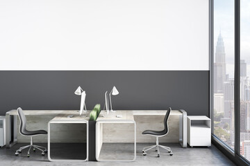 Modern sunny office with city view from big window and stylish wooden work places and concrete floor at blank black and white wall background