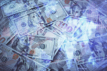 Double exposure of forex graph drawing over us dollars bill background. Concept of financial markets.