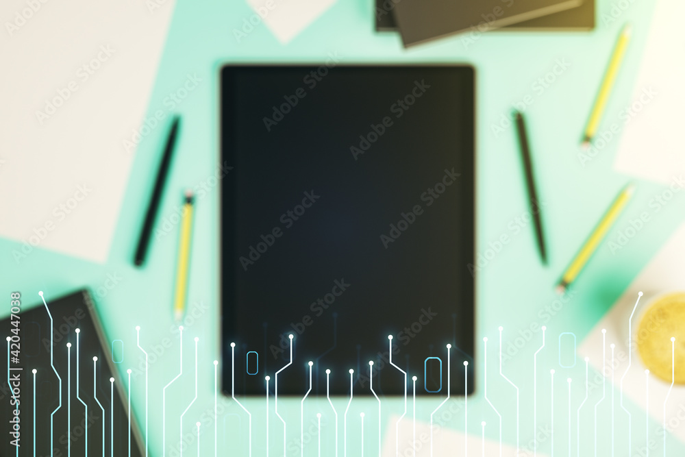 Poster Creative abstract micro circuit sketch and modern digital tablet on background, future technology and AI concept. Double exposure