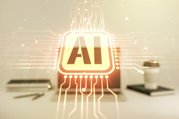 Creative artificial Intelligence symbol concept with modern laptop on background. Multiexposure