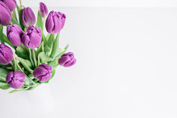 Fresh picked purple tulips near a white panel window