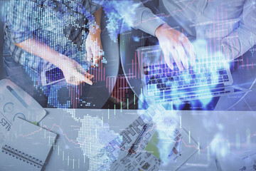 Multi exposure of man and woman working together and forex graph hologram drawing. Financial analysis concept. Computer background. Top View.