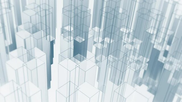 Abstract geometric motion background animation with gently moving blue wireframe shapes in the style of high rise buildings. Suitable as a technology, corporate or architecture background.