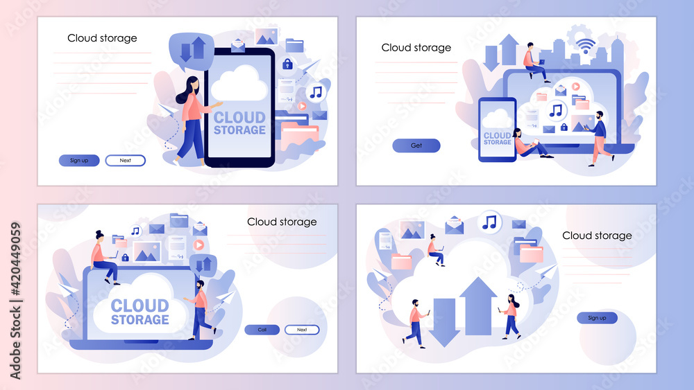 Aufkleber cloud storage. cloud computing services. tiny people place data in big cloud server. screen template