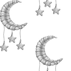 Pettern made of black and white moon and stars on a white background. Seamless pattern, painted with watercolor