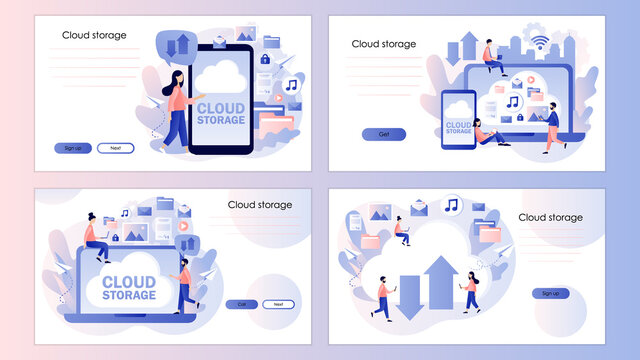Cloud storage. Cloud computing services. Tiny people place data in big cloud server. Screen template for mobile smart phone, landing page, template, ui, web, mobile app, poster, banner, flyer. Vector 