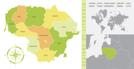 Detailed map of Lithuania with administrative divisions of the country, color vector illustration