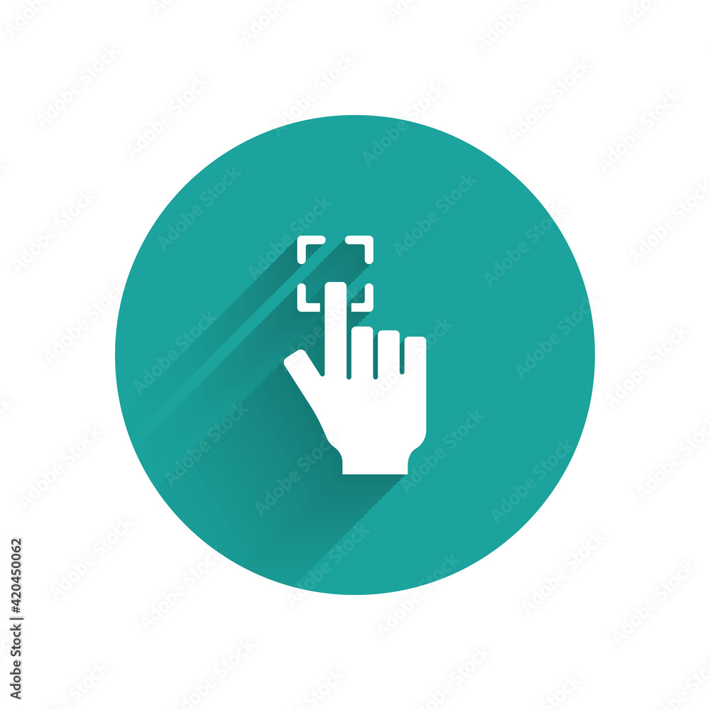 Poster white fingerprint icon isolated with long shadow. id app icon. identification sign. touch id. green 