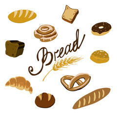 Hand drawn baking set: bread. baguette, loaf, donut, pretzel, cinnamon bun with the word 