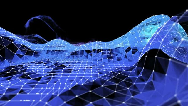 Futuristic abstract technology background flight over 3D polygonal  waving grid. Wireframe dots and connection
lines on black. 
