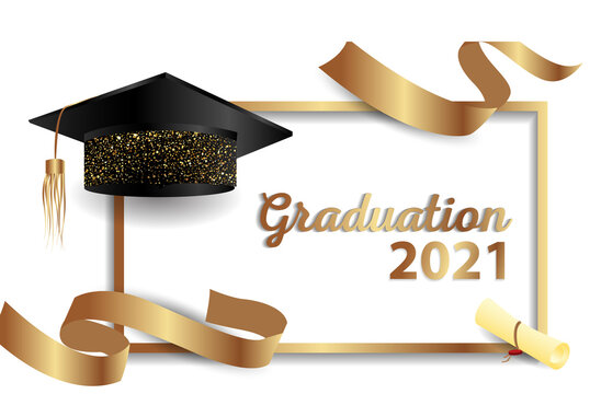 graduation greetings, realistic graduation cap, greeting banner, postcard, concept, graduation 2021, gold glitter, vector