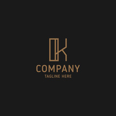 Simple and minimalist gold line art letter K monogram initial logo in black background