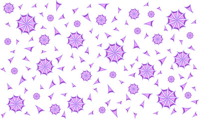 Seamless pattern of lilac triangles scattered on a white background and creating shapes like spider webs or flowers or snowflakes of different sizes