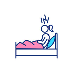 Nightmares RGB color icon. Insomnia disorder. Jet lag. Physical burden. Zone change syndrome. Sleeplessness. Persistent disturbing dreams. Difficulty falling asleep. Isolated vector illustration