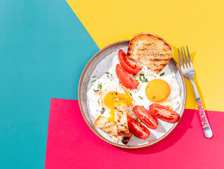 Two fried eggs with toast and vegetables on colorful background. Breakfast concept. Healthy vegetarian food.