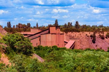 View on buildings in iron ore quarry in city Kryvyi Rih, Ukraine