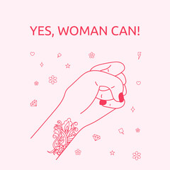 Yes, Women Can. Woman's hand with her fist raised up. Girl Power. Feminism concept. Realistic style vector illustration in pink pastel goth colors. Sticker, patch graphic design.