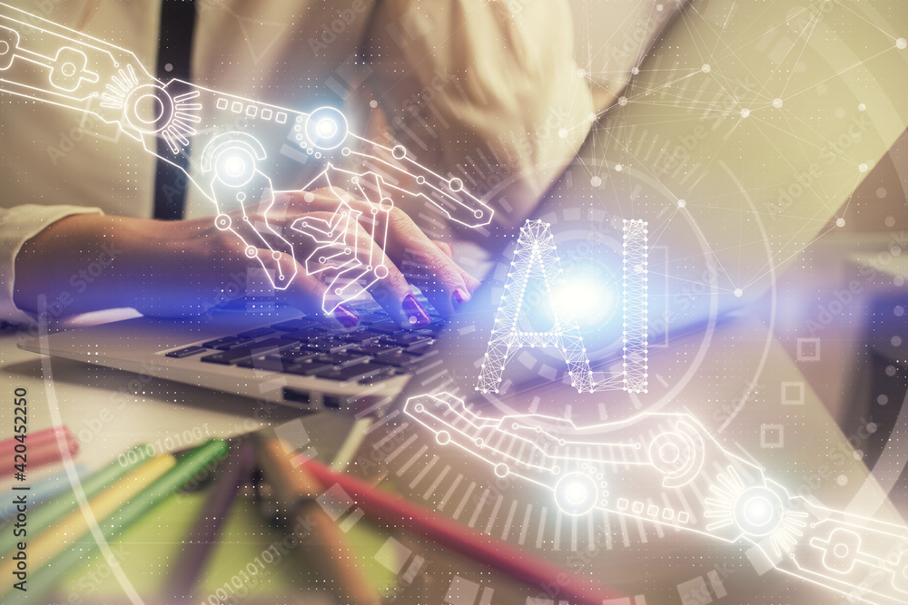 Poster multi exposure of woman hands working on computer and data theme hologram drawing. tech concept.