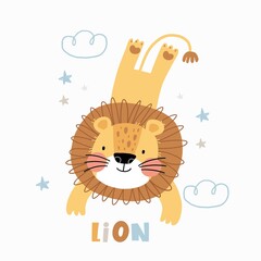 Cute Lion - Vector Character for Baby Shower. Cute vector illustration kids - lion. Ideal print for fabrics, textiles and gift wrapping
