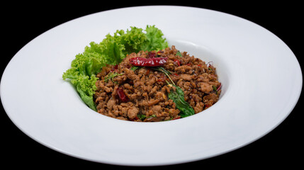 Stir fried Thai basil with minced pork and chilli on topped rice - Thai local food style