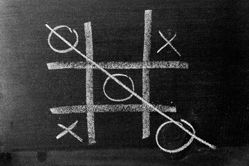 White color chalk hand drawing as Tic Tac Toe with the winner and loser shape on blackboard or...