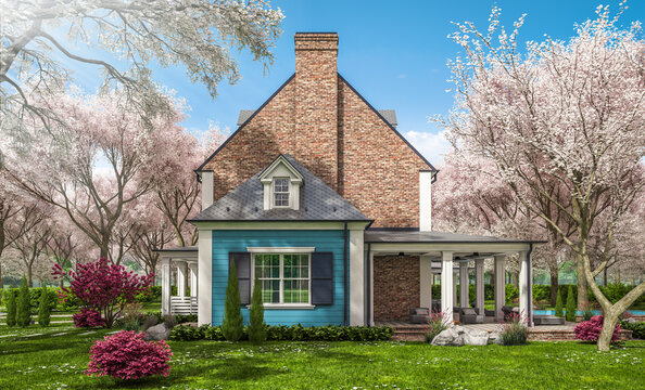 3d rendering of modern cozy classic house in colonial style with garage and pool for sale or rent with beautiful landscaping Fresh spring day with a blooming trees with flowers of sakura on backgraund