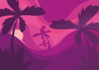 Fototapeta na wymiar Banner template with palm trees at sunset. Summer concept in flat design.