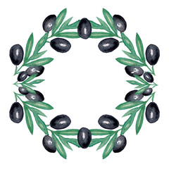 Watercolor wreath of branches with black olives, watercolor illustration isolated on white background, frame for invitations, congratulations, etc.