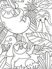 Coloring page with cute Sloth - Unicorn. Monochrome vector illustration with sloth unicorn