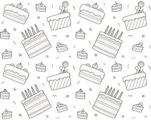 Seamless repeating pattern of black and white contoured doodle cakes.