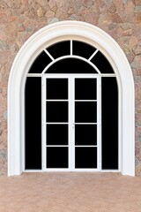 Large curved black aluminum windows and vintage pale yellow wall isolated on a black background
