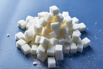 White sugar cubes on a blue background.
