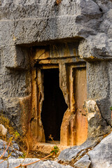 Ruins of the ancient lycian rock tombs in town Demre. Ancient Myra city. Antalya province, Turkey