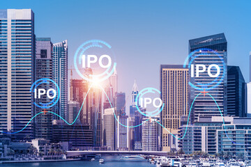 Skyscrapers of Dubai business downtown. International hub of trading and financial services of...