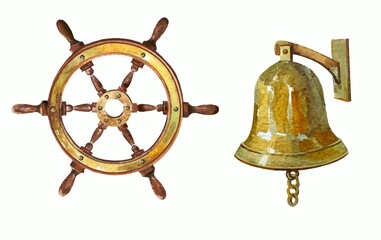 Fototapeta na wymiar ship steering wheel, brass bell watercolor illustration 